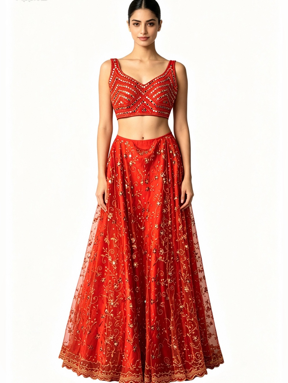 Vibrant Orange & Red Navratri Chaniya Choli - Heavily Embroidered Garba Set